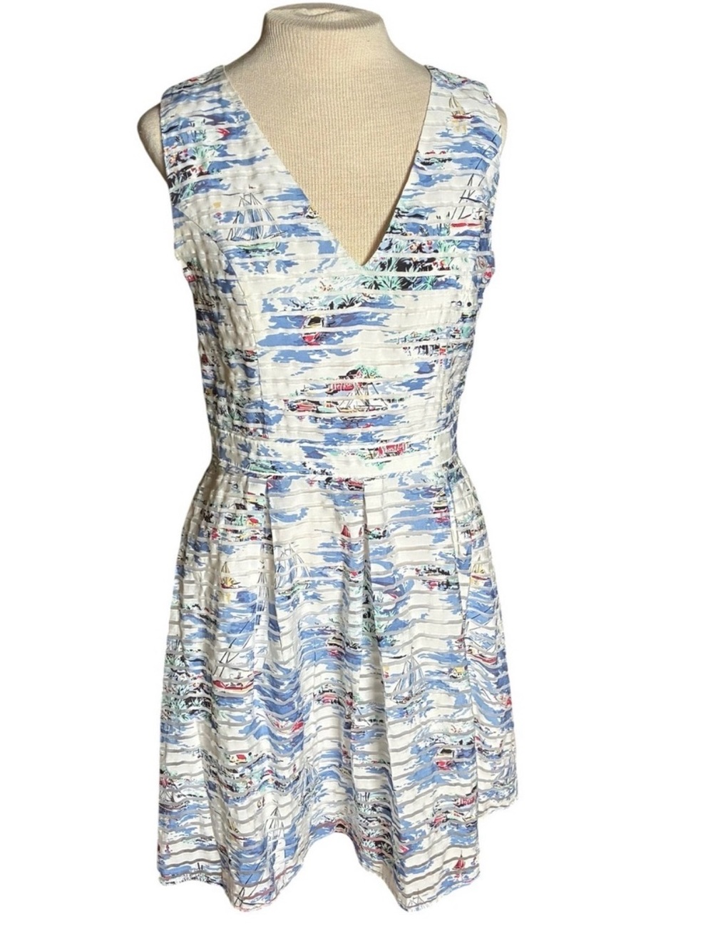 Coastal Nautical Sailboat Print Sleeveless Fit & Flare Dress Beach Resort Summer